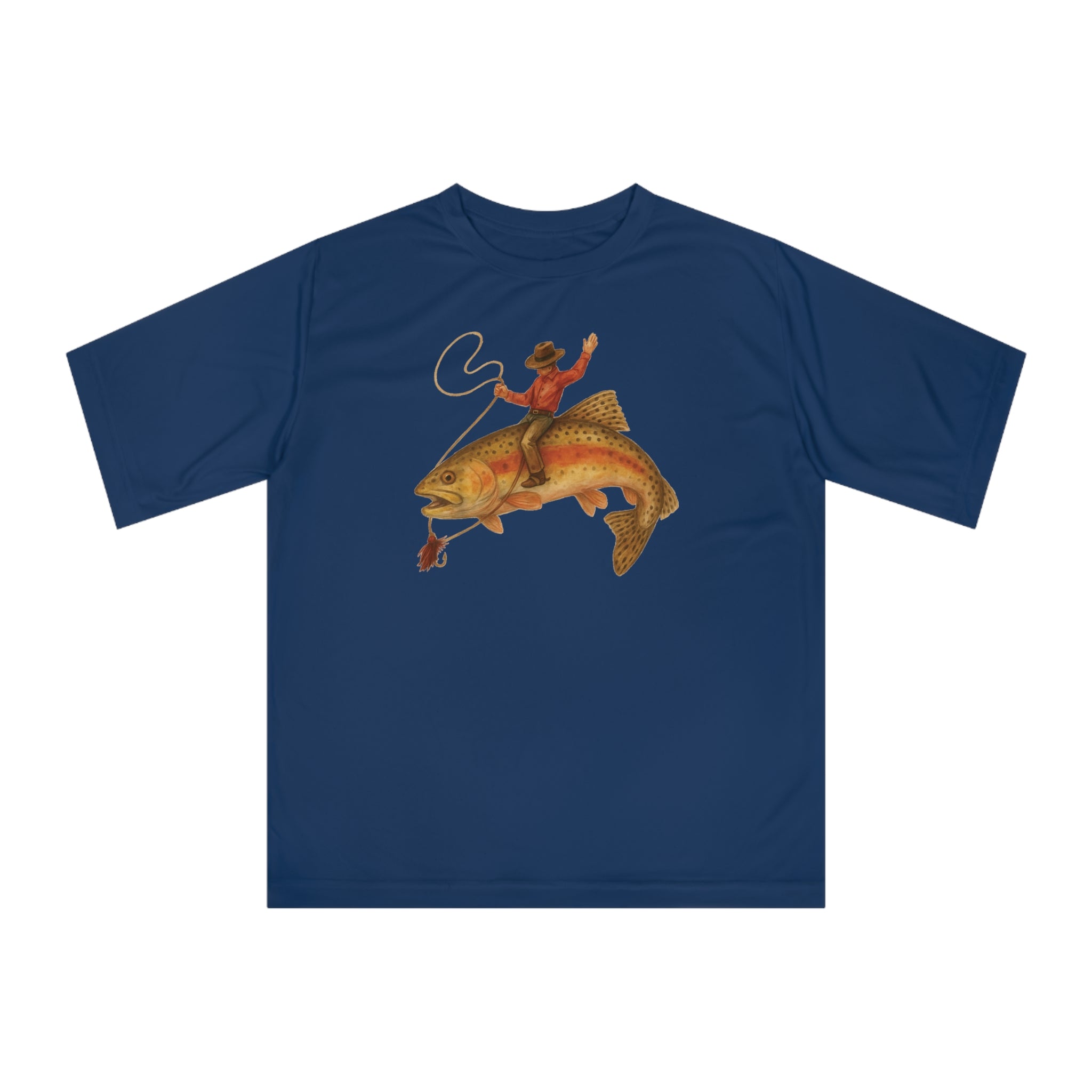 Navy short sleeve UPF 40 performance fishing shirt with funny cowboy trout print