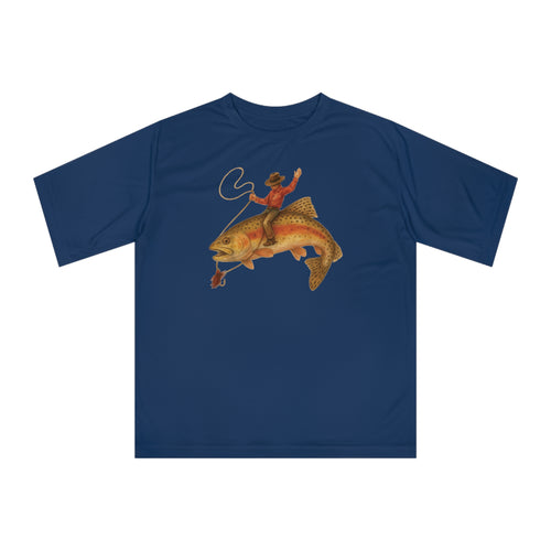 Navy short sleeve UPF 40 performance fishing shirt with funny cowboy trout print