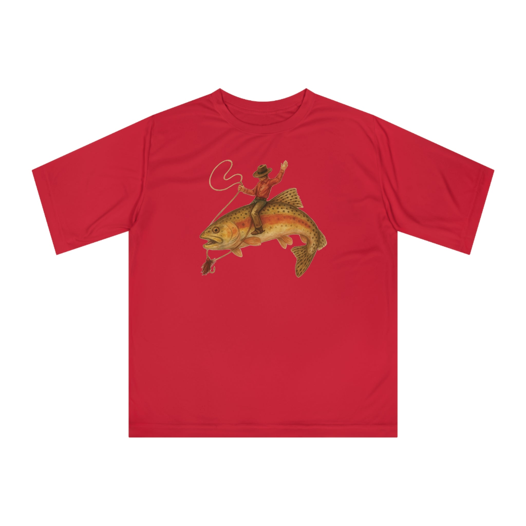 Red short sleeve performance fishing shirt UPF 40 with cowboy riding a giant trout