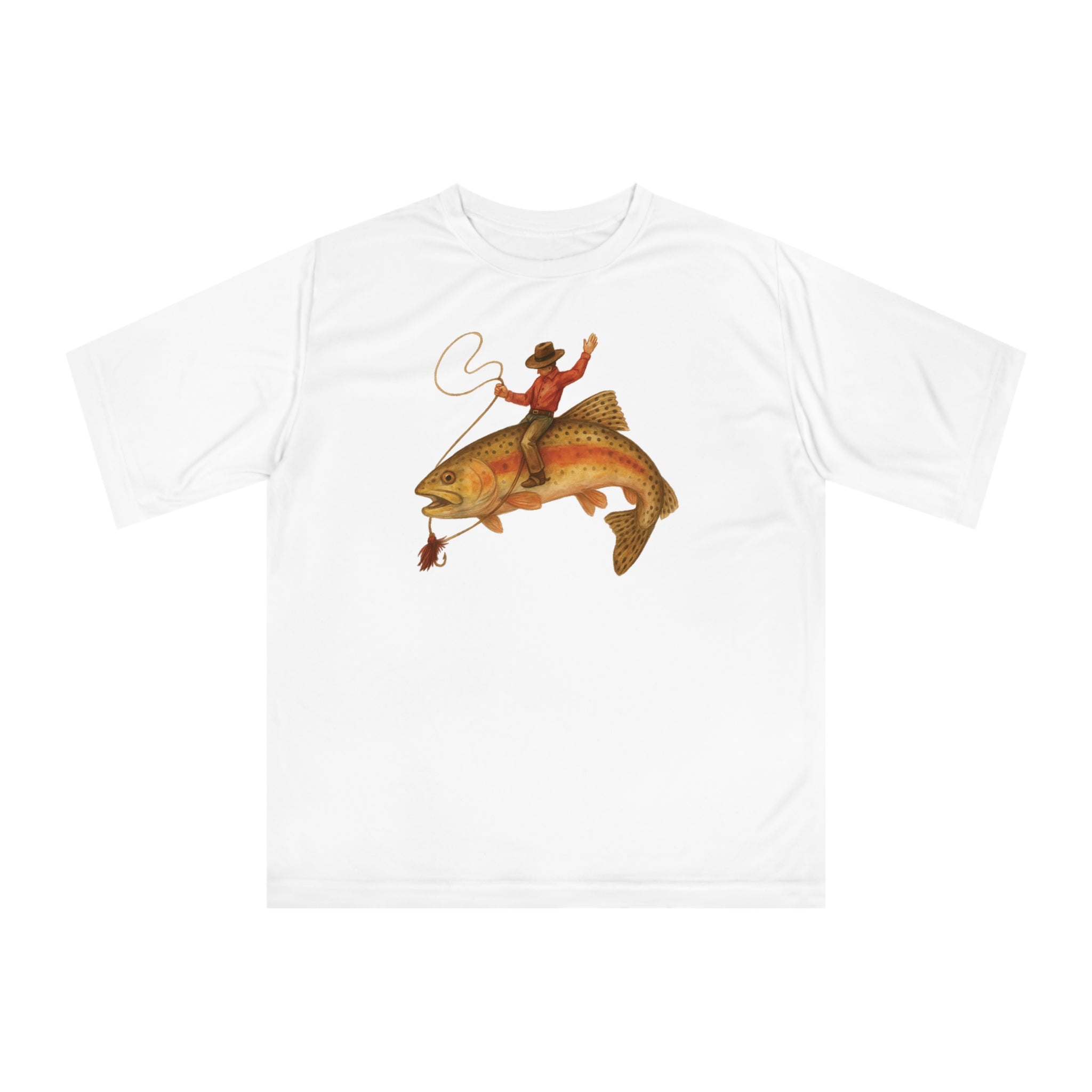 White UPF 40 short sleeve performance fishing shirt funny cowboy trout graphic