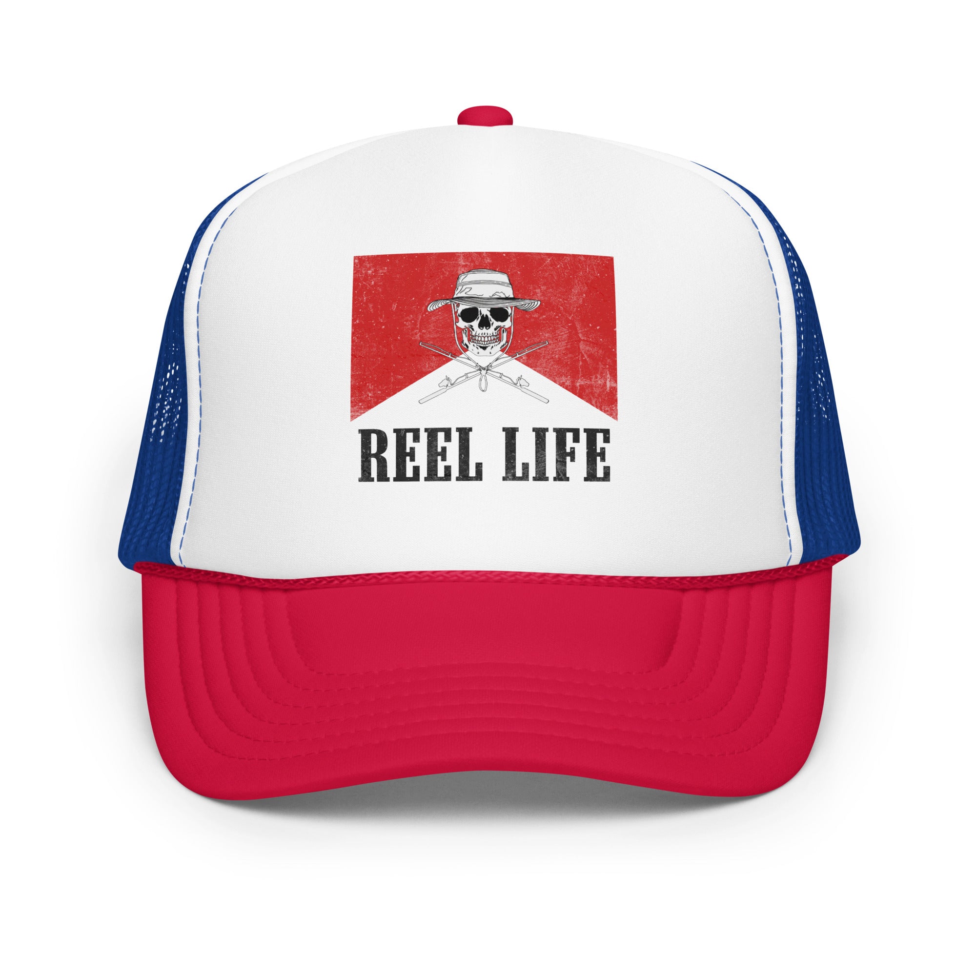 Western Fishing Foam Trucker Hat with a vintage Reel Life graphic