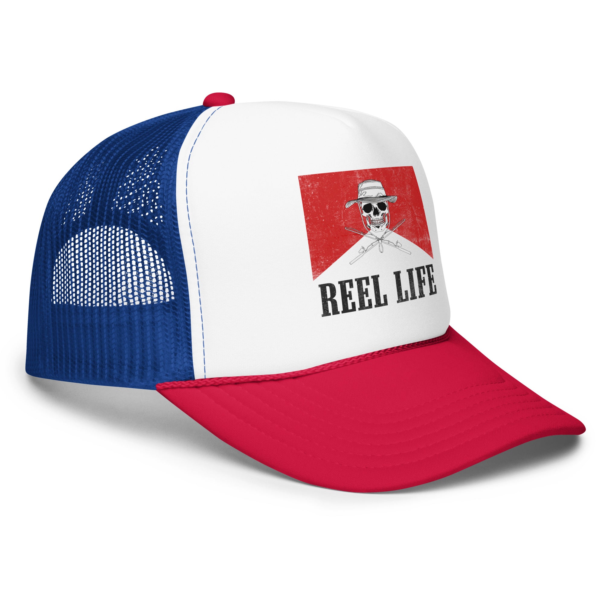 Blue and Red Fishing Trucker Hat with a western Reel Life skull design