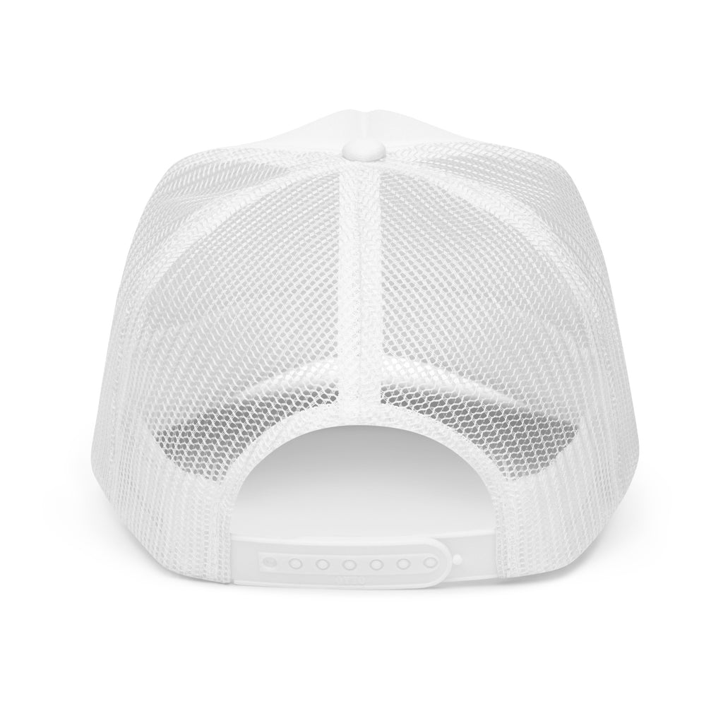 Back of White Foam Fishing Trucker Hat with an adjustuble closure