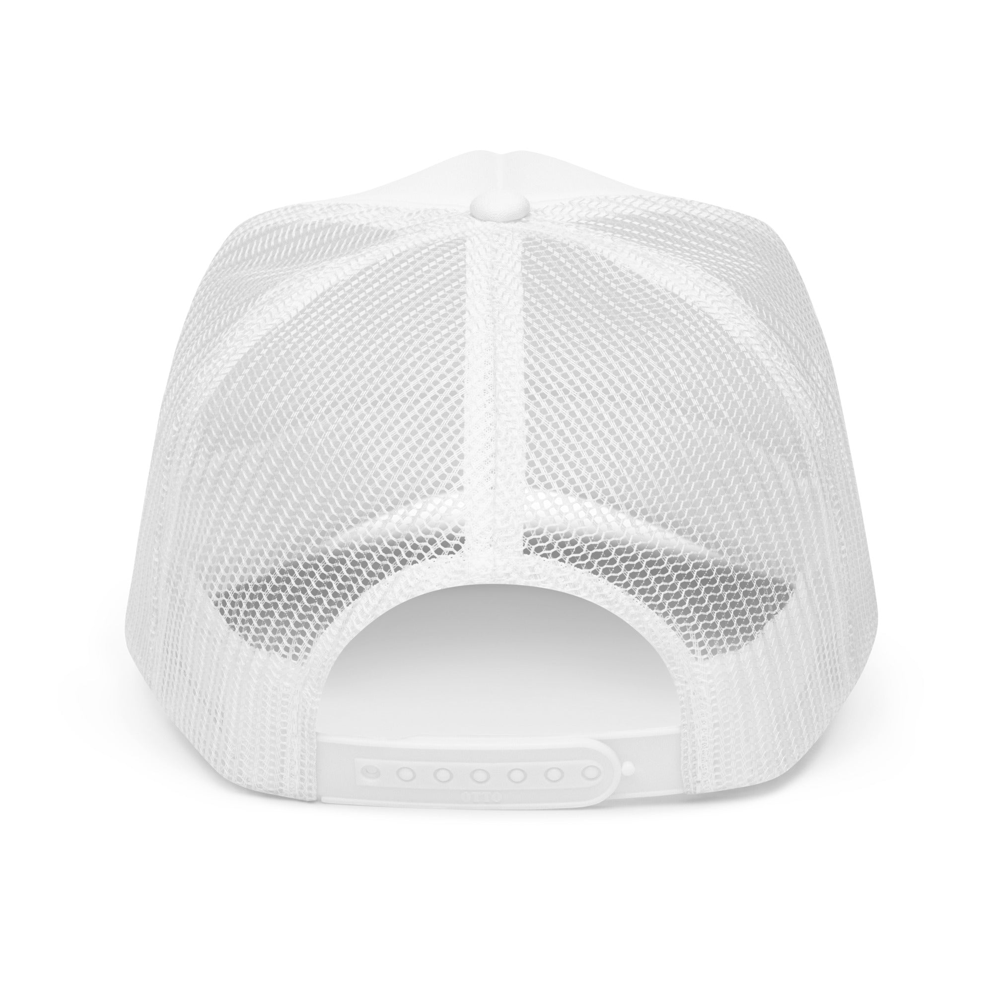 Back of White Foam Fishing Trucker Hat with an adjustuble closure
