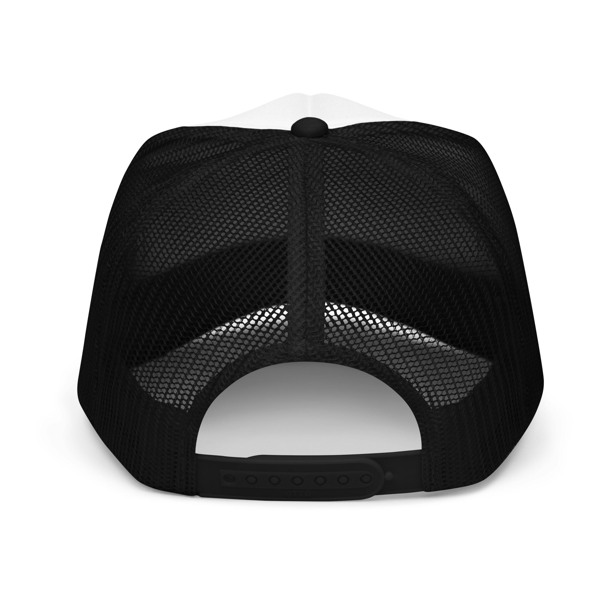 Back of Black and white Foam Fishing Trucker Hat with an adjustuble closure