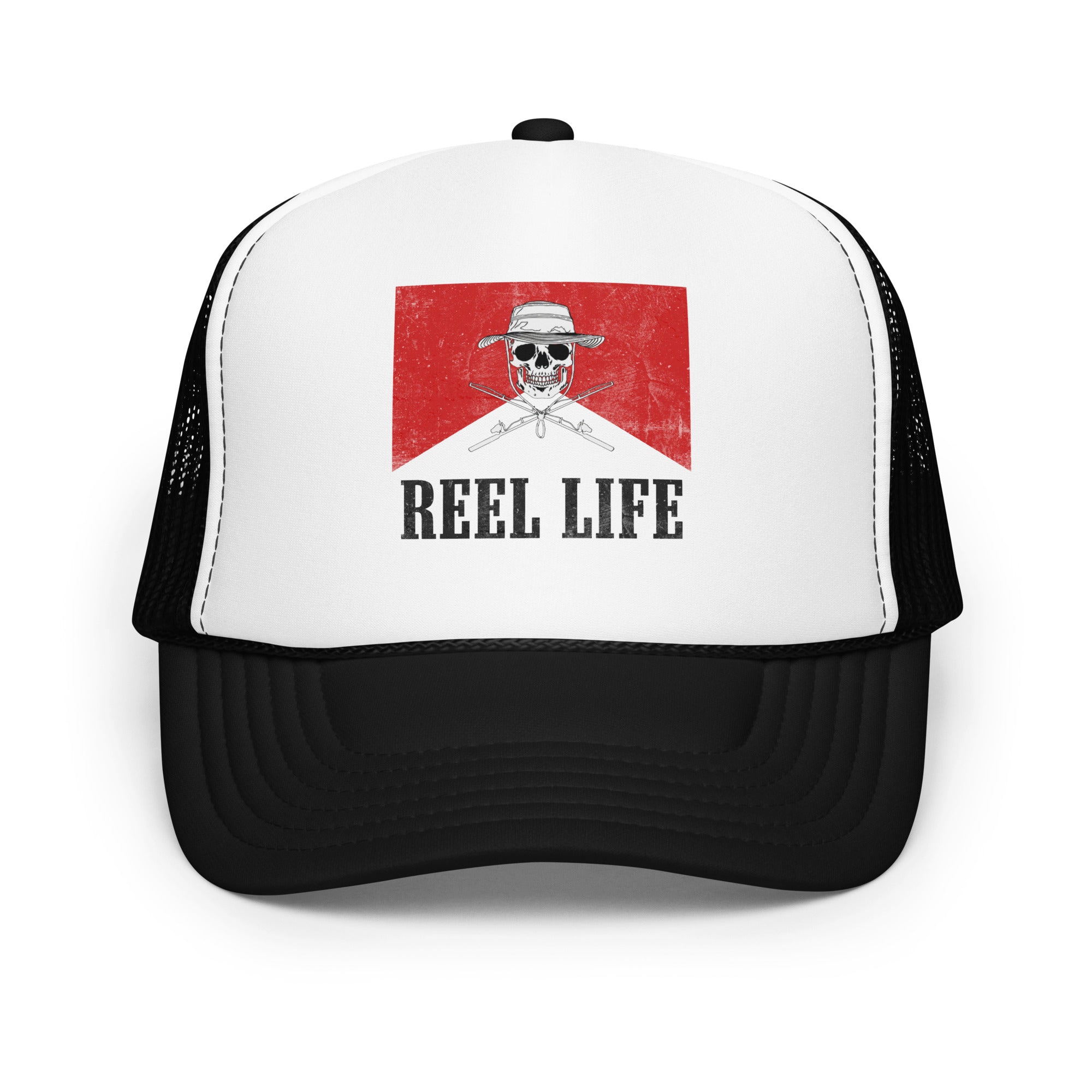 Black and white Foam Fishing Trucker Hat with a vintage western  Reel Life graphic