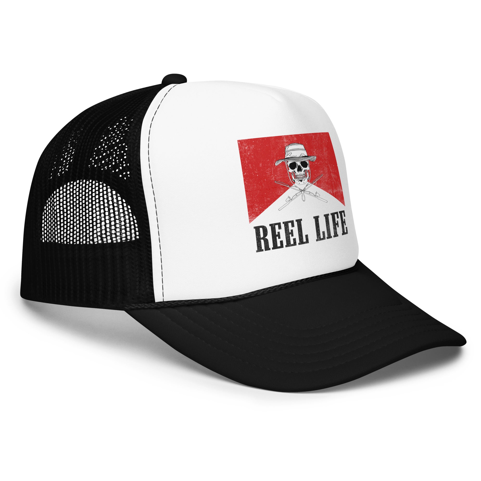 Side view of a Black and white Foam Fishing Trucker Hat with a rustic country graphic