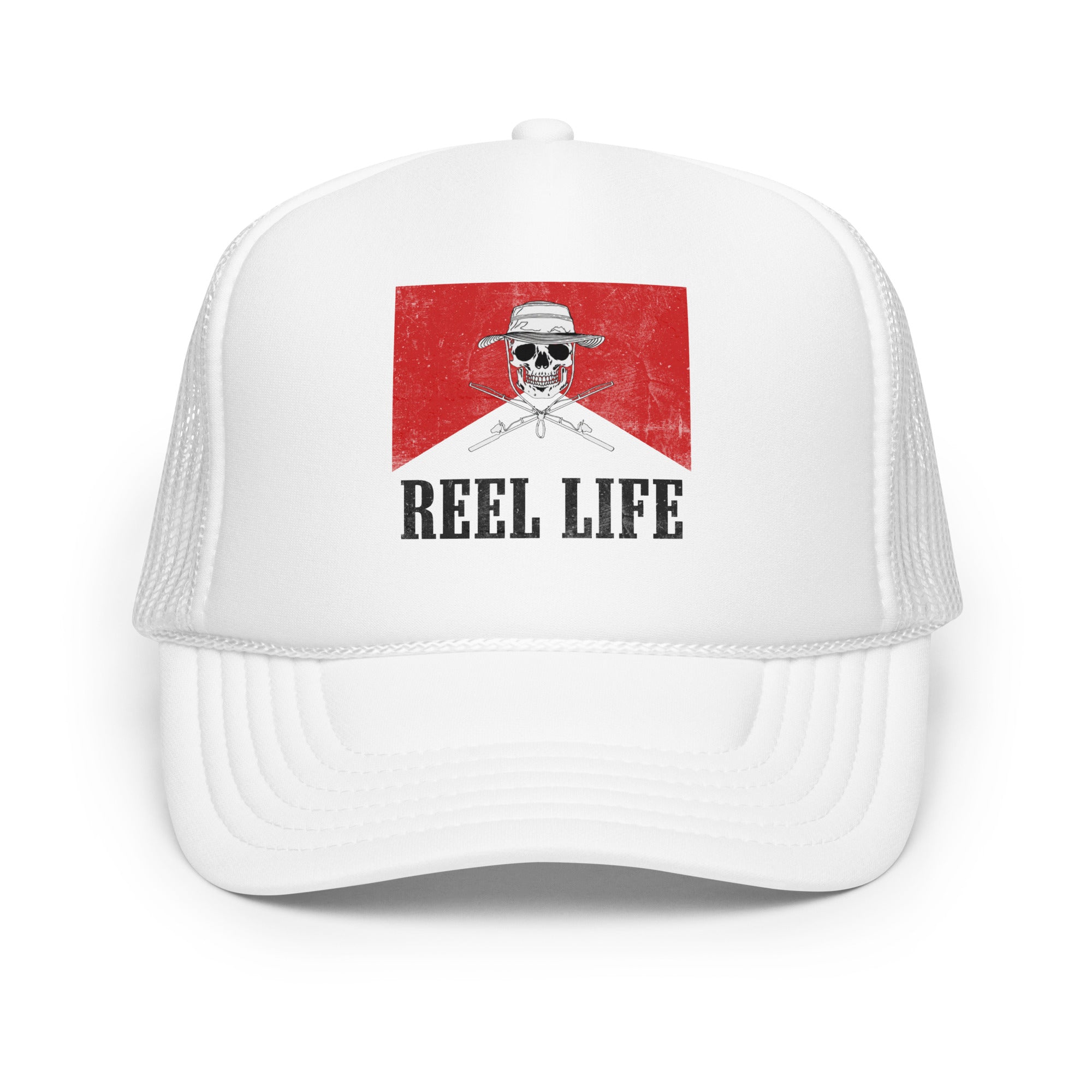 White Foam Fishing Trucker Hat with a vintage Reel Life skull graphic