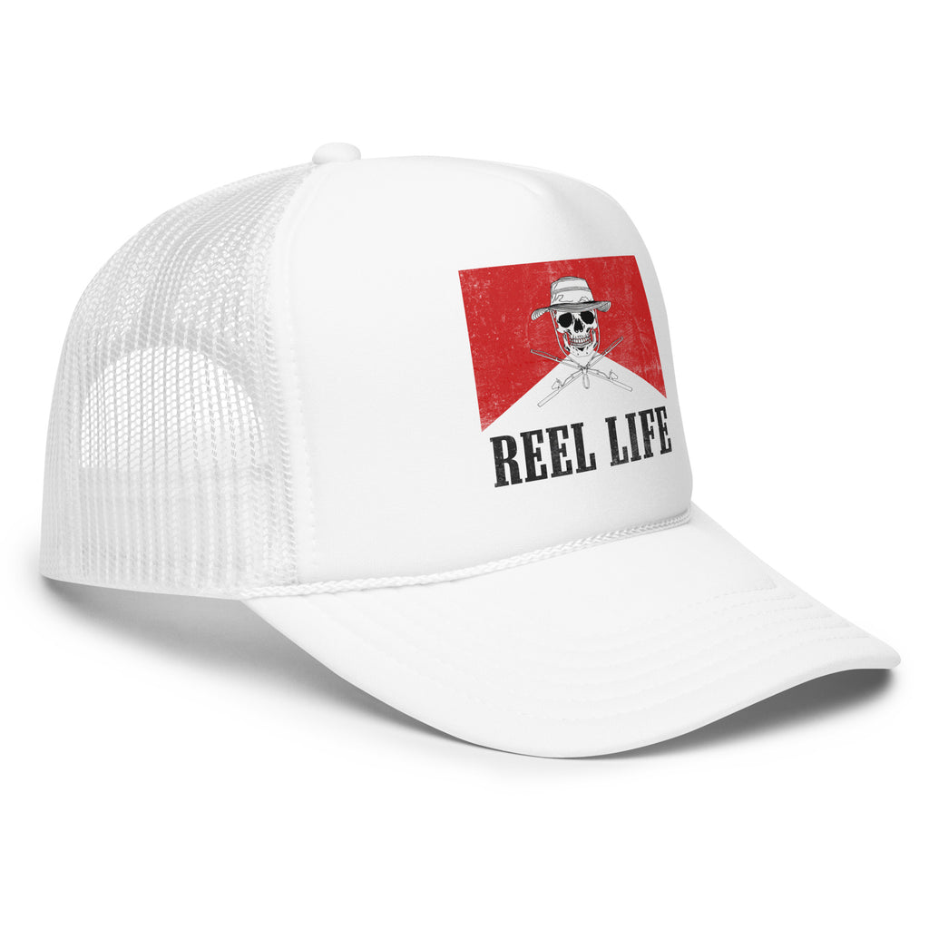 Side view of a White Foam Fishing Trucker Hat with a distressed cowboy design