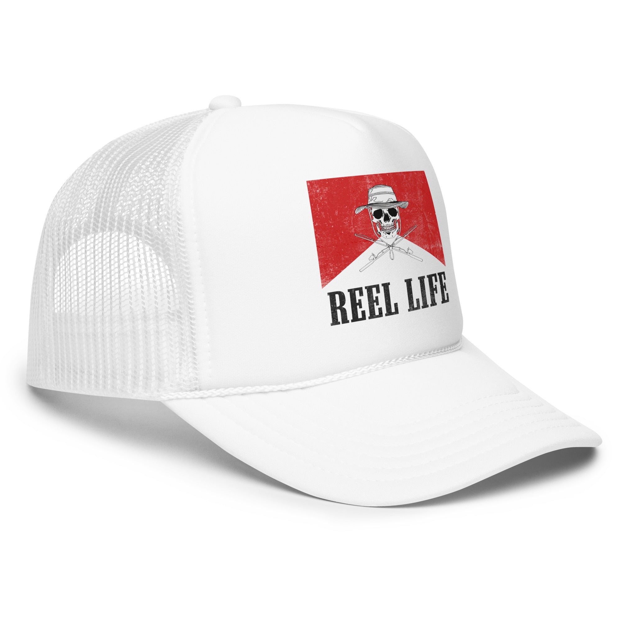 Side view of a White Foam Fishing Trucker Hat with a distressed cowboy design