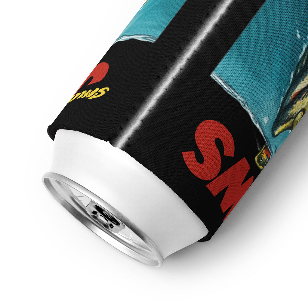 Small Jaws bass fishing can cooler close-up, Classic neoprene beer koozie design