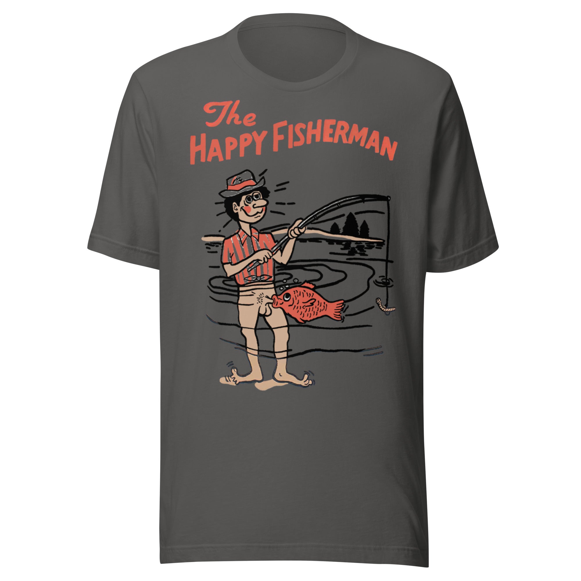 The Happy Fisherman vintage funny fishing graphic on asphalt shirt