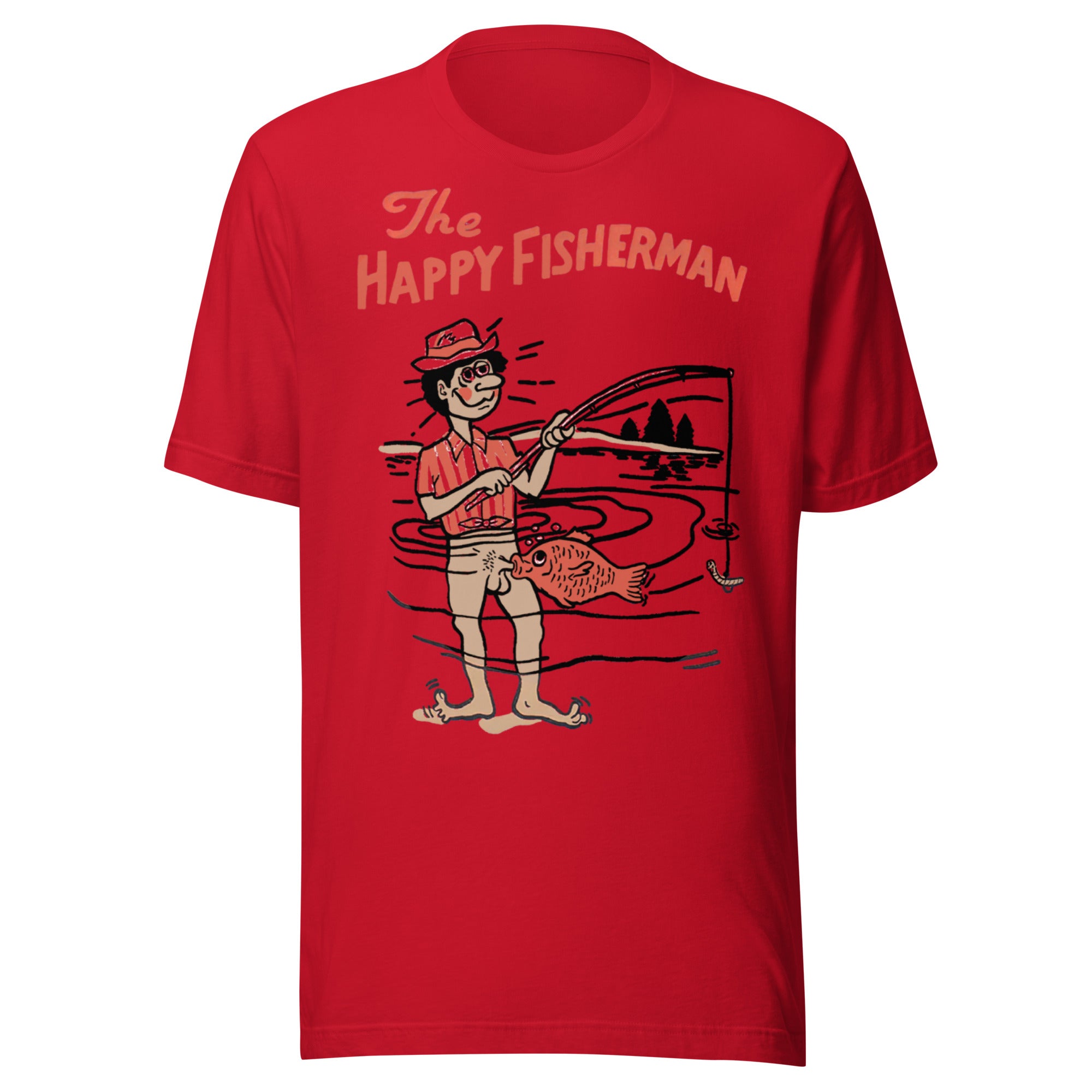 Vintage The happy fisherman funny fishing graphic on red shirt