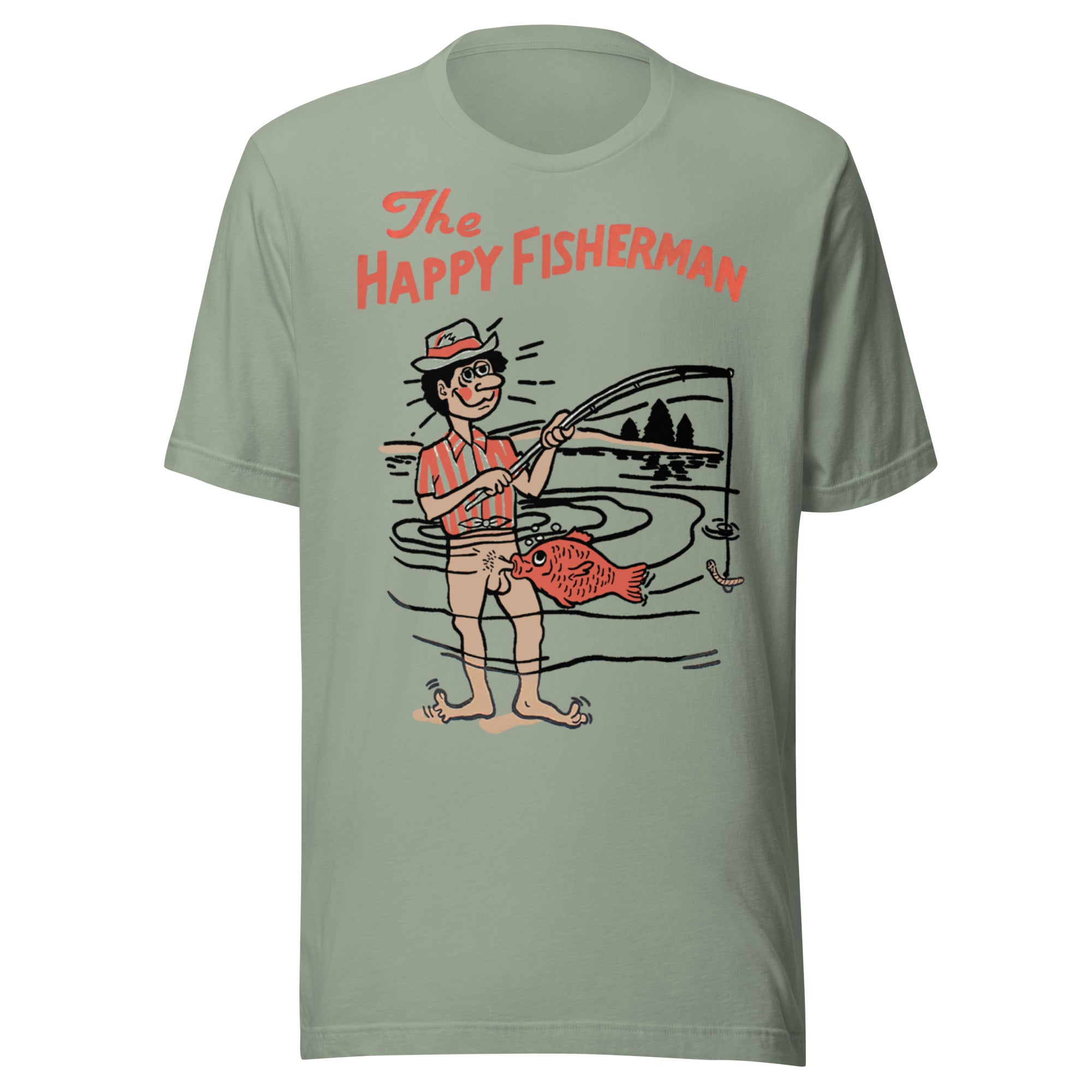 The Happy Fisherman vintage funny fishing graphic on sage green shirt
