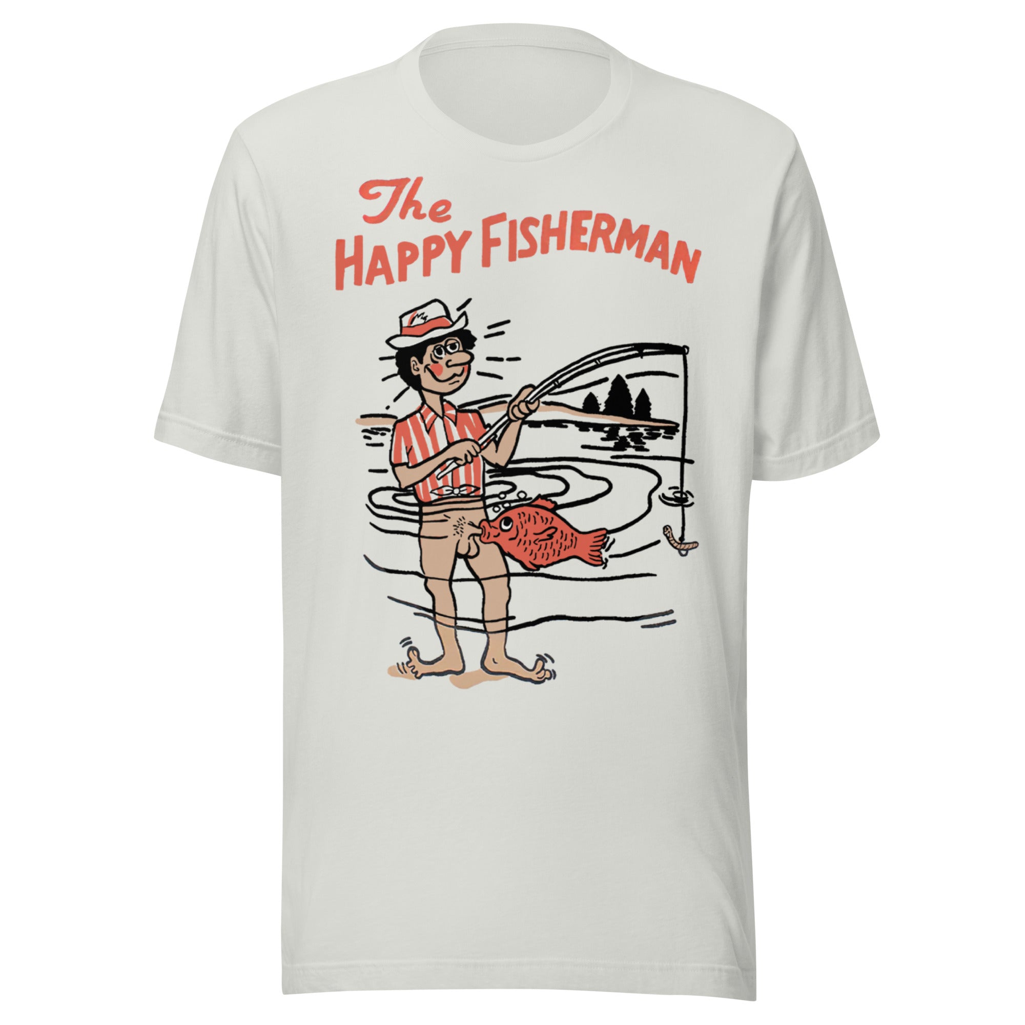 The Happy Fisherman vintage funny fishing graphic on silver shirt
