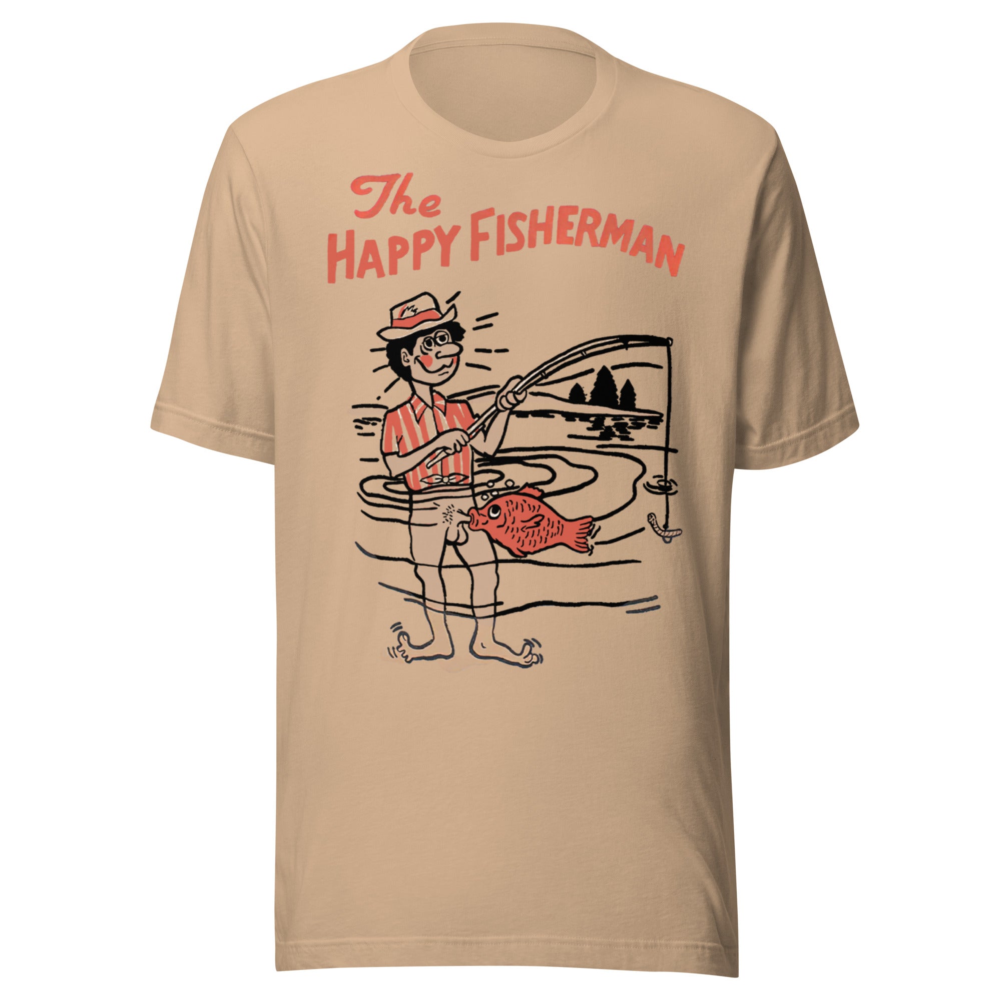 The Happy Fisherman vintage funny fishing graphic on tan shirt