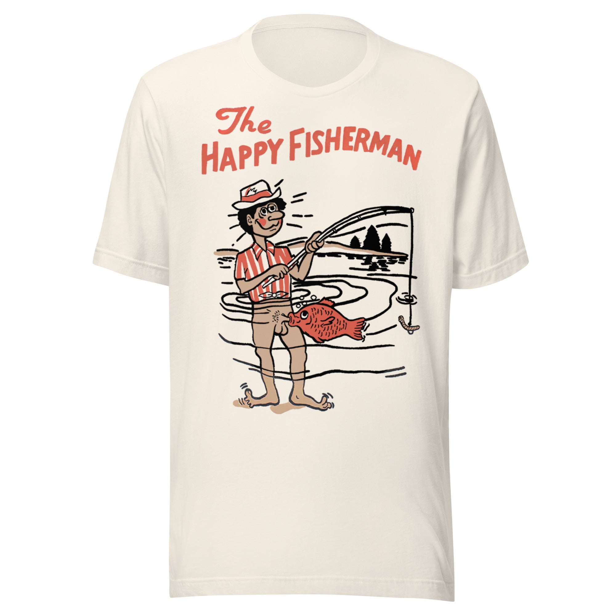 The Happy Fisherman vintage funny fishing graphic on vintage white shirt