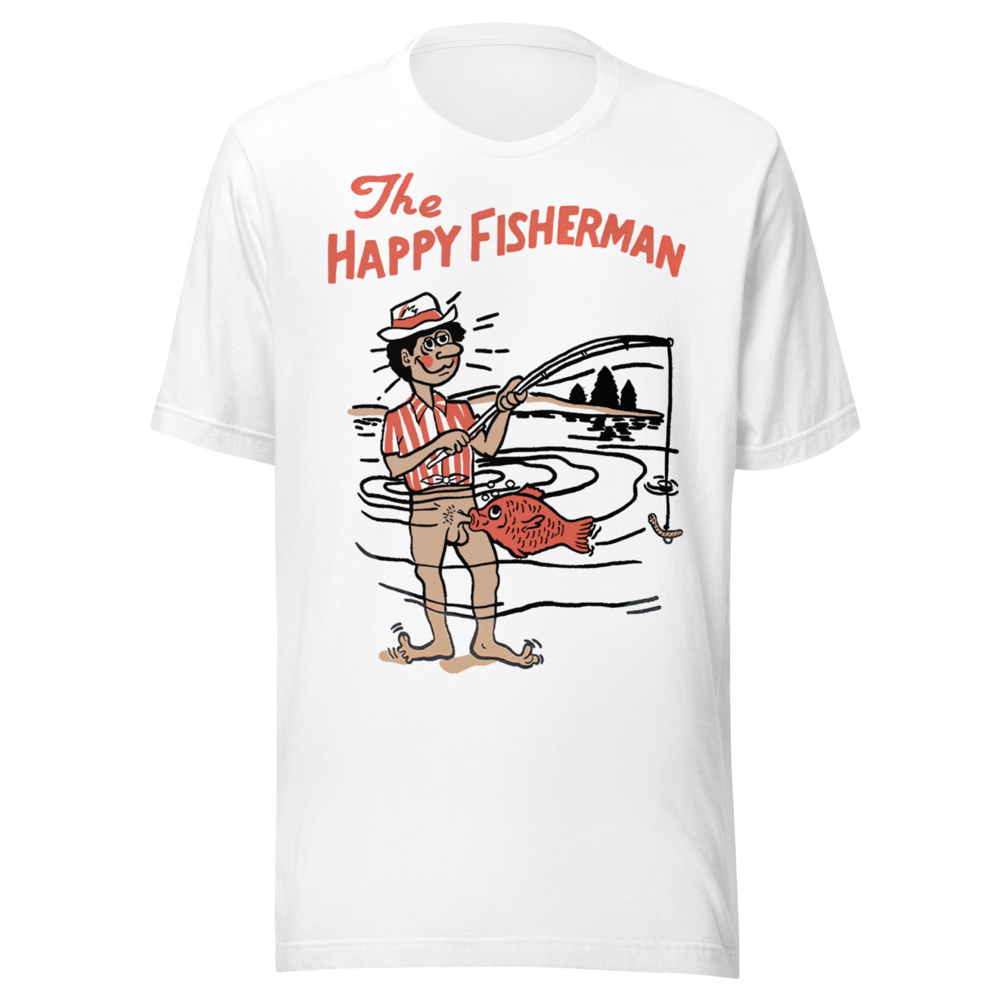 The Happy Fisherman vintage funny fishing graphic on white shirt
