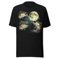 Black t-shirt with three bass fish howling at the moon graphic design