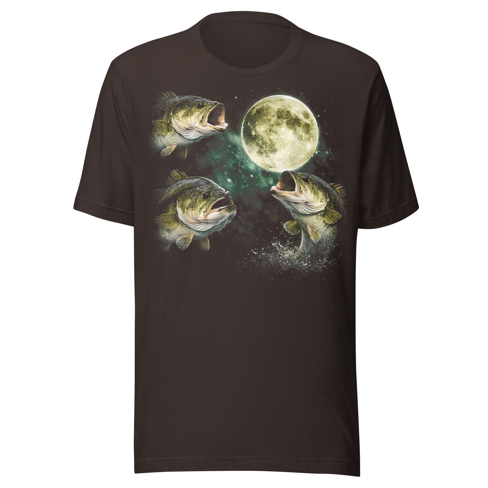Brown t-shirt with 3 bass moon Fishing graphic design