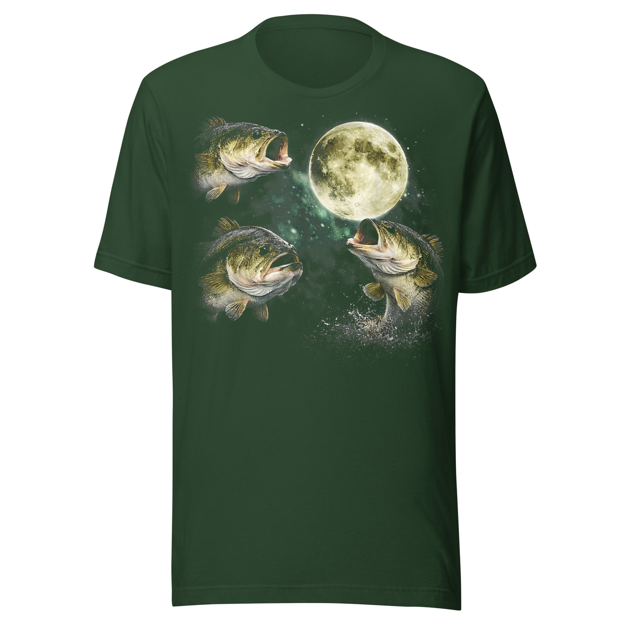 Black t-shirt with 3 bass fish howling moon funny bass fishing graphic design