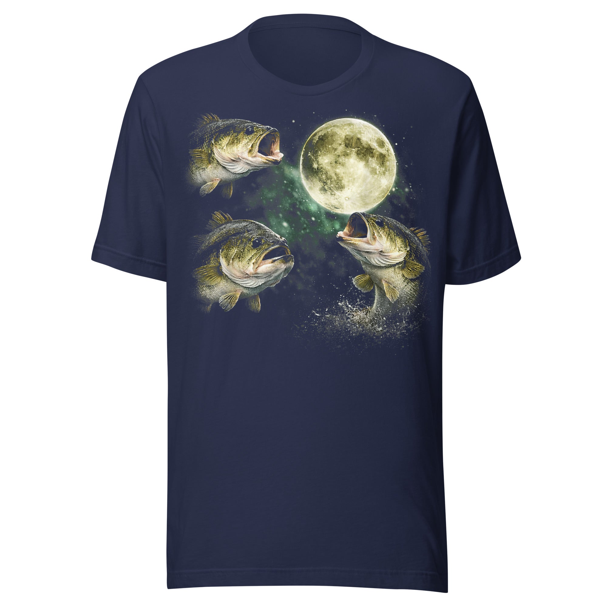 Navy t-shirt featuring a bass fishing print of the classic three bass moon design