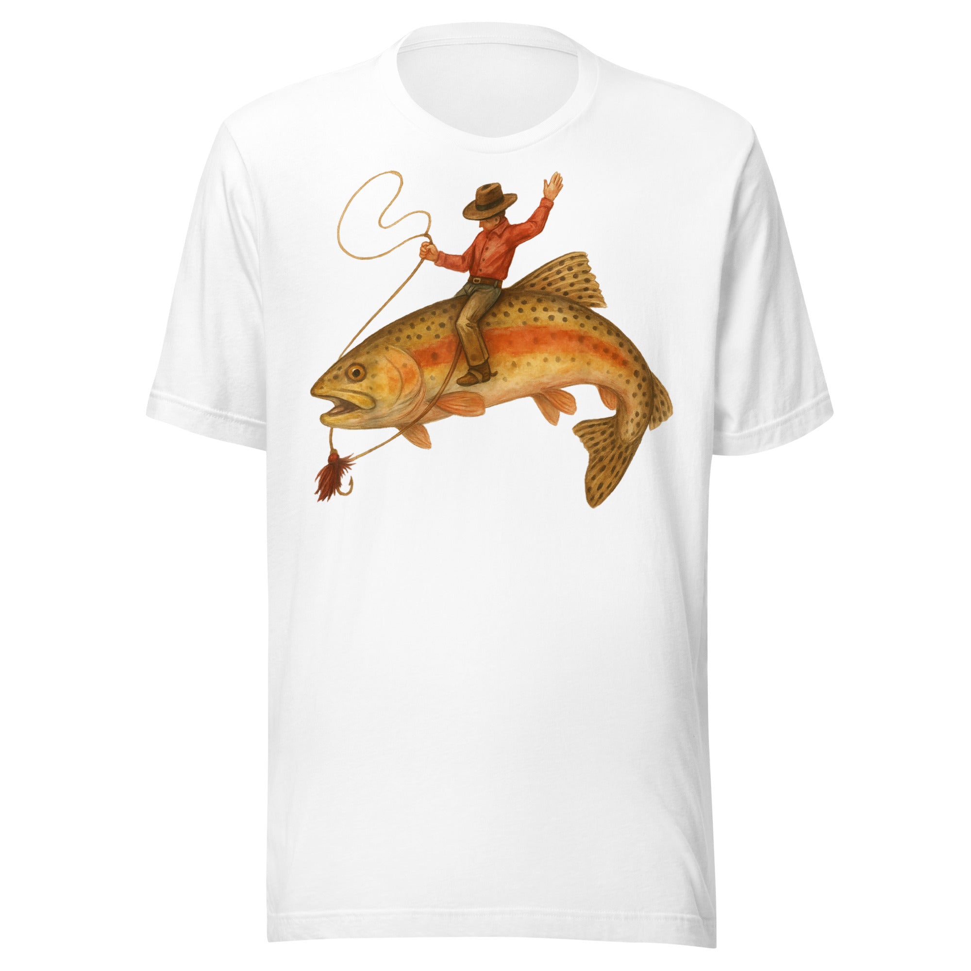 White trout fishing gift shirt featuring cowboy rodeo riding a brown trout graphic