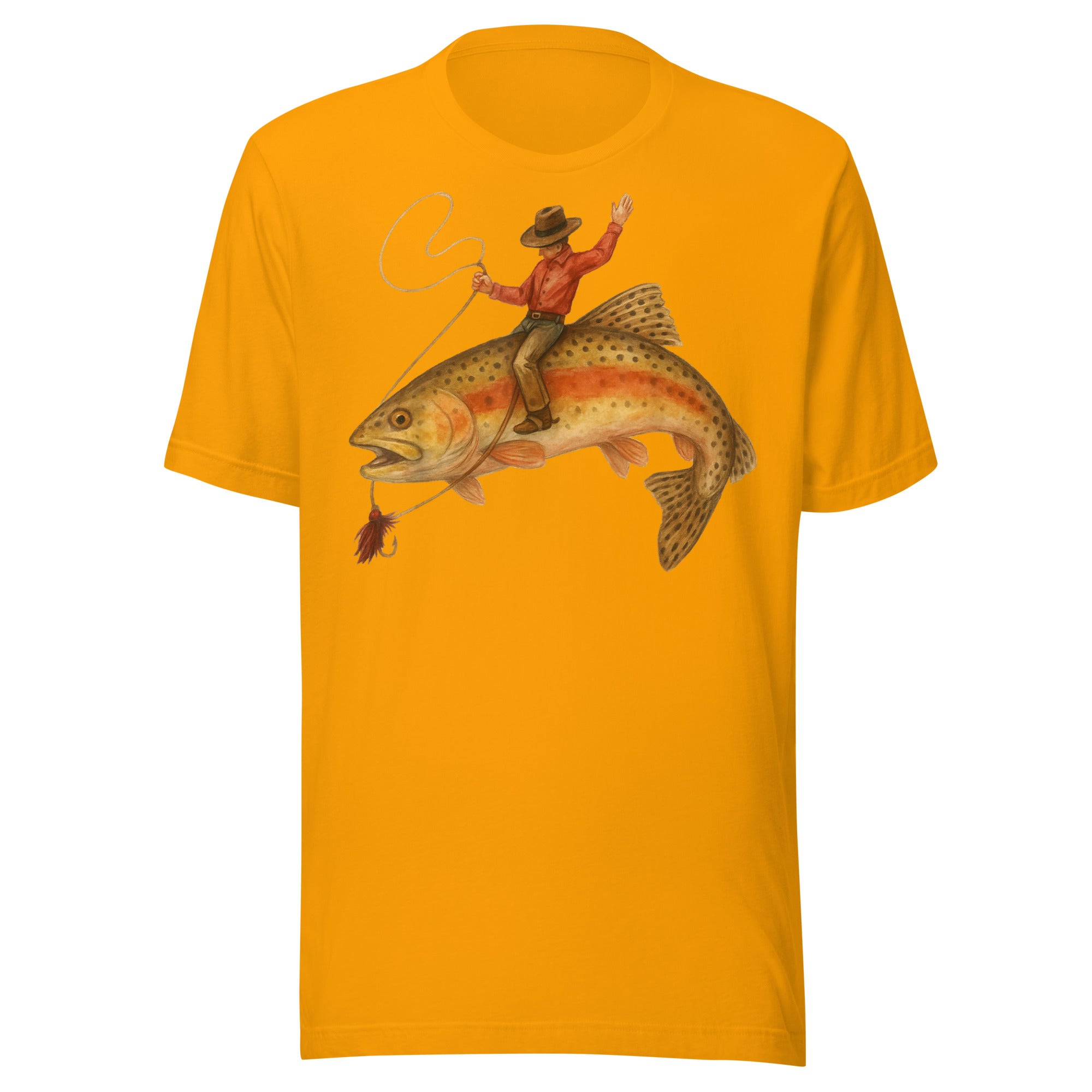 Gold trout fishing graphic tee with cowboy lasso and rodeo trout design