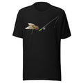 Funny Fly Fishing t-shirt in Black with a graphic of a fly holding fishing rod.