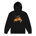 Black youth fishing hoodie with funny cowboy riding a trout graphic for kids