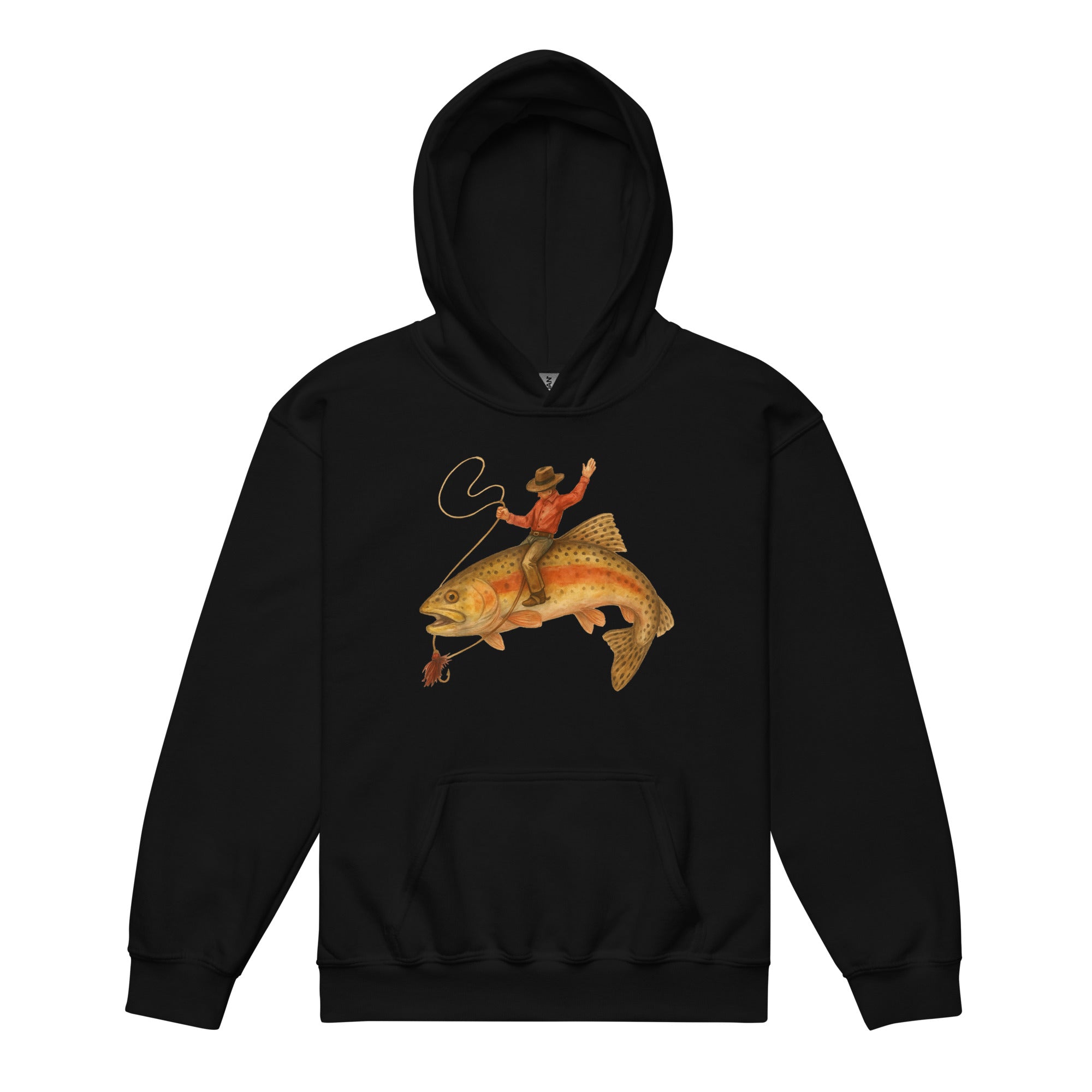 Black youth fishing hoodie with funny cowboy riding a trout graphic for kids