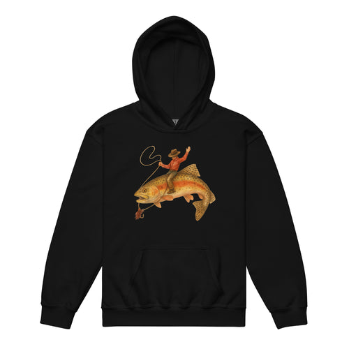 Black youth fishing hoodie with funny cowboy riding a trout graphic for kids
