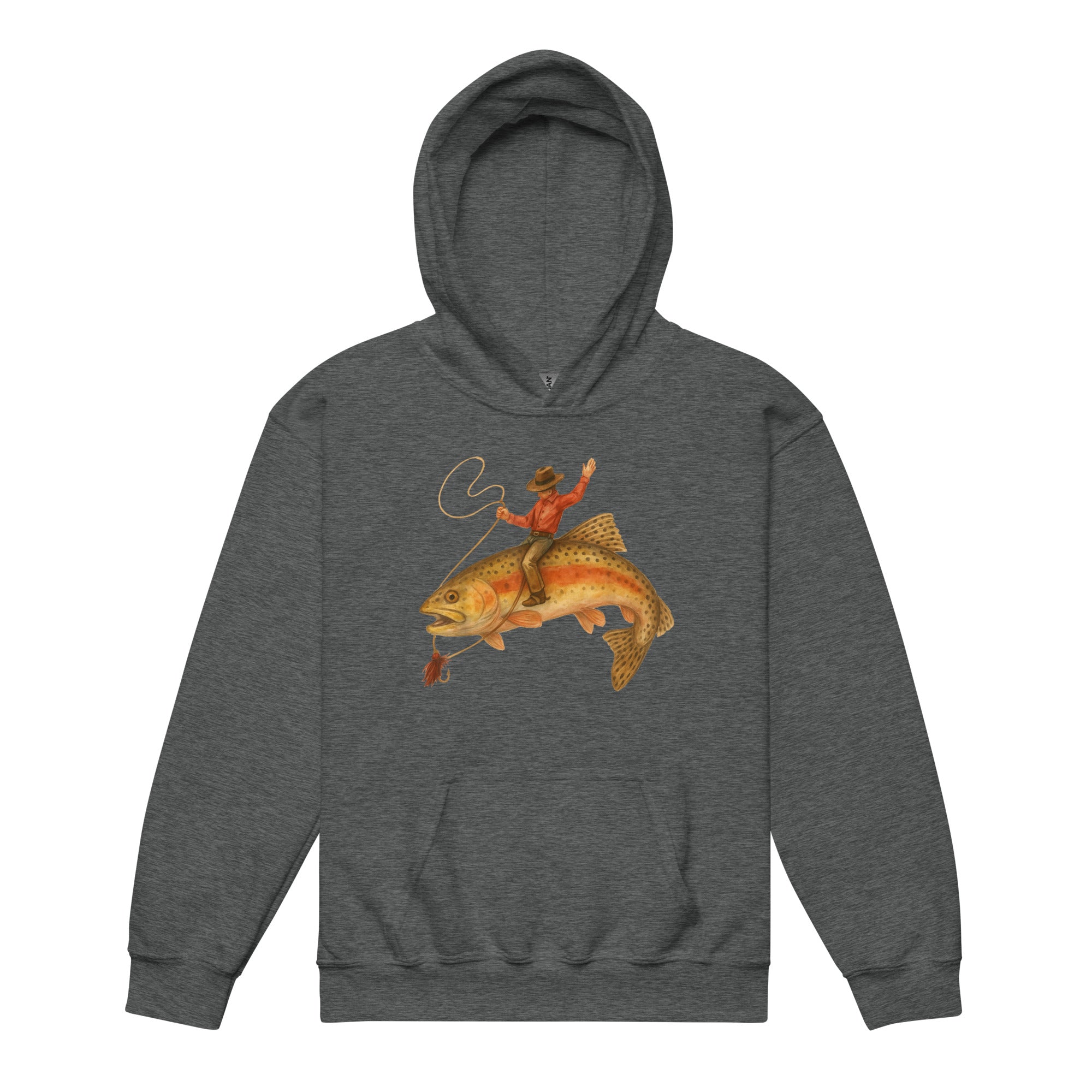 Dark gray heather youth fishing hoodie with funny cowboy trout rodeo print