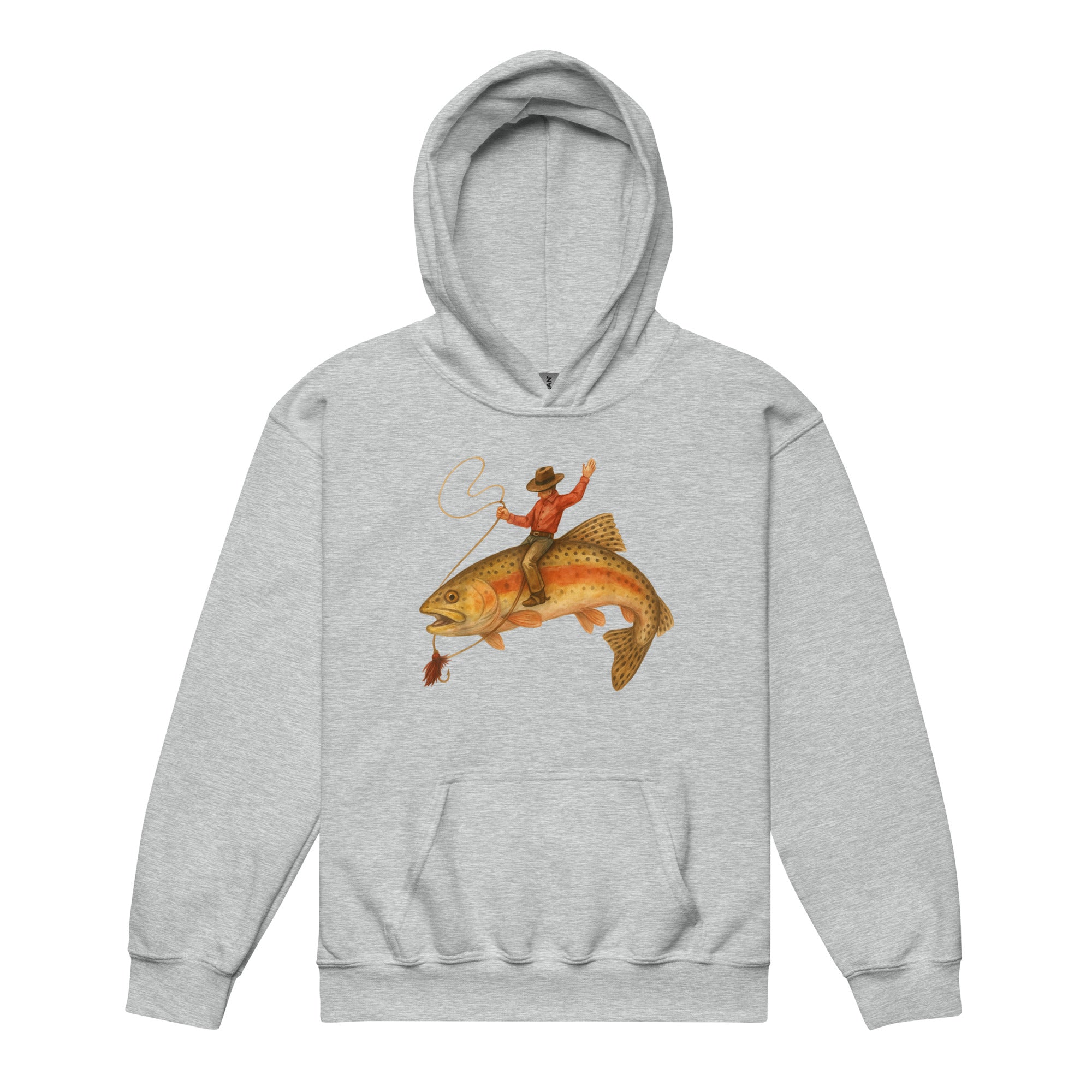 Heather gray kids fishing hoodie cowboy riding trout funny graphic tee for boys girls