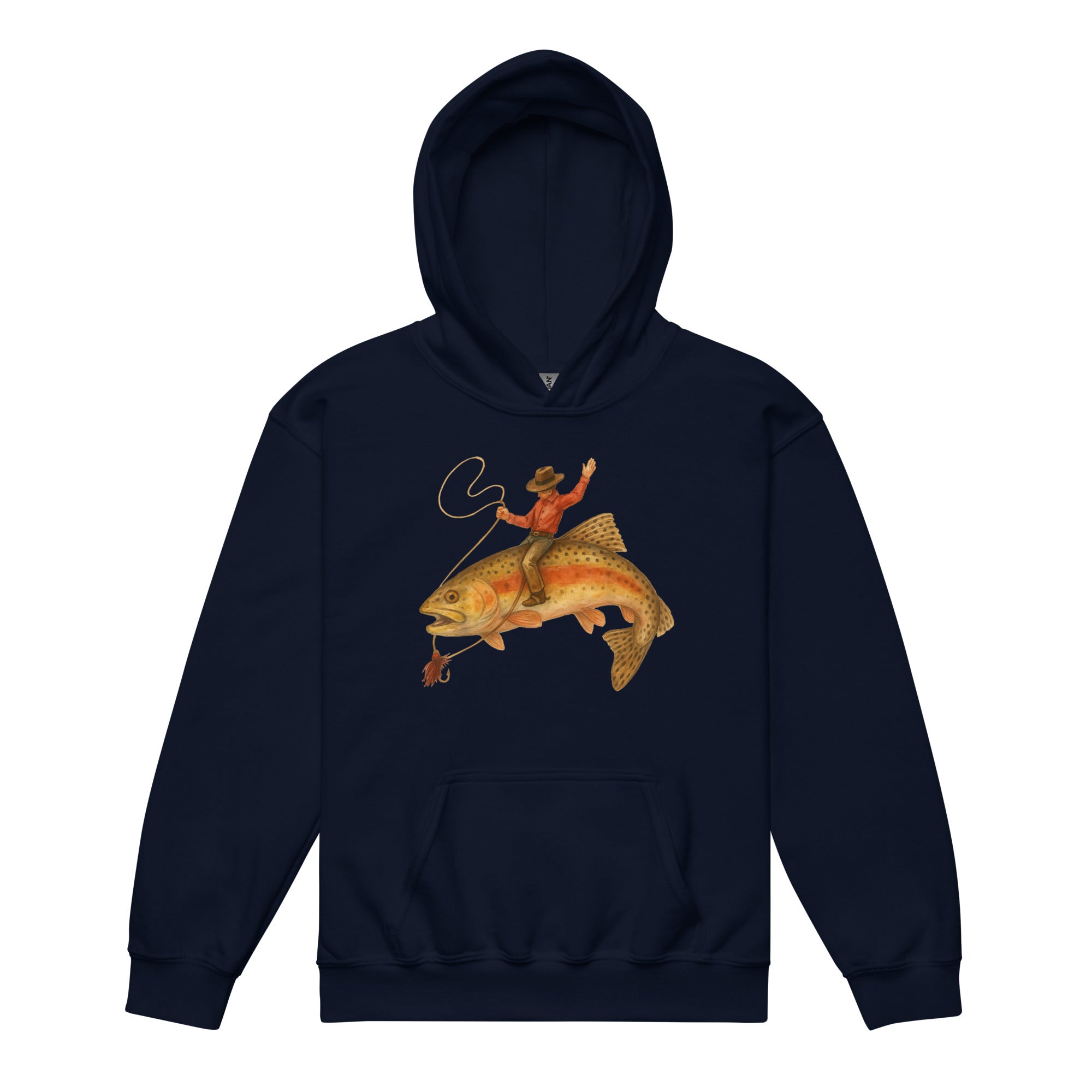 Navy kids fishing hoodie with bold cowboy riding trout design — child-safe no drawcords