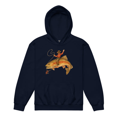 Navy kids fishing hoodie with bold cowboy riding trout design — child-safe no drawcords