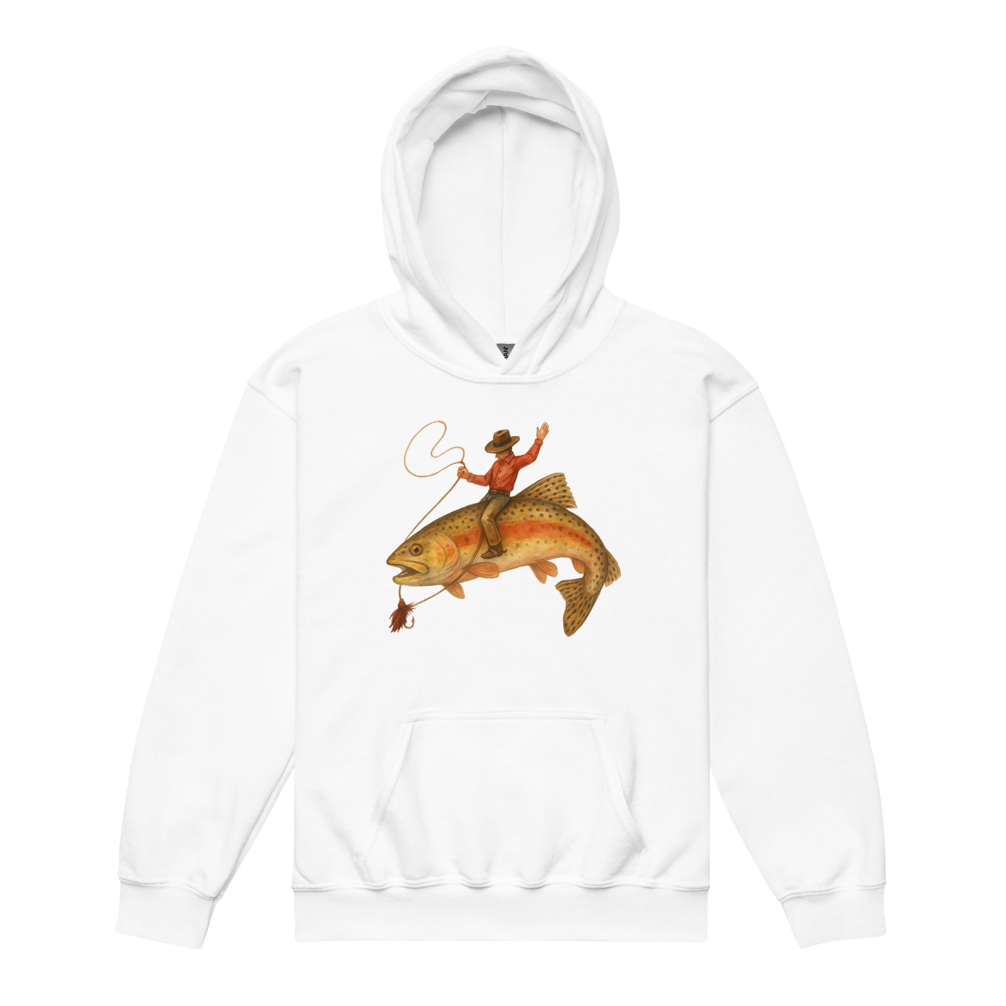 White youth fishing hoodie with funny cowboy riding a giant trout design for kids